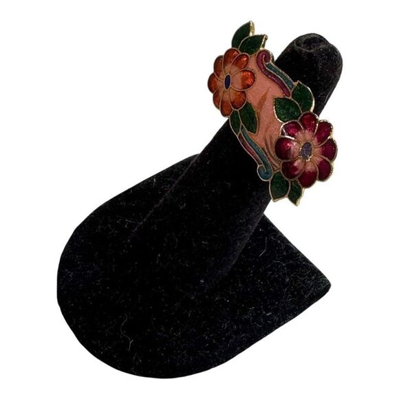 Vintage Cloissone Signed Scarf Clip Floral Gold Tone Art Deco Style Pink Green - Picture 2 of 8